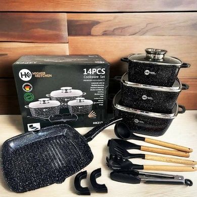 Набор посуды гранитный + набор утвари 14 предметов HIGHER+KITCHEN HK-317 Черный