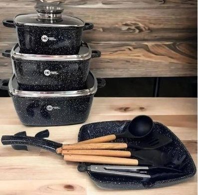 Набор посуды гранитный + набор утвари 14 предметов HIGHER+KITCHEN HK-317 Черный