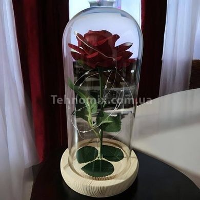 Роза в колбе с LED подсветкой МАЛЕНЬКАЯ с сердцем Красная Светлая подставка