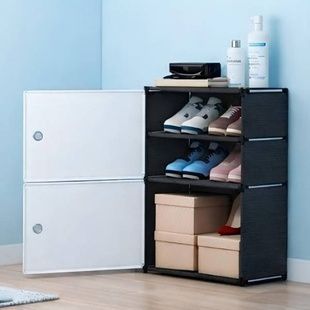 Полиця для взуття з дверцятами двоярусна 42*28*62см BXG-02 Біло-чорна