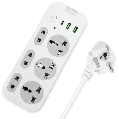 Подовжувач універсальний мережевий фільтр 2м 6&times;220В (3&times;USB) 1303U Білий із сірим