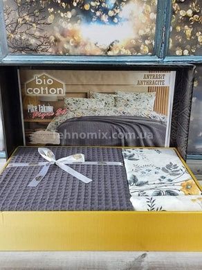 Постельное белье летнее Bio Cotton Antrasit Ранфорс (покрывало вафельное) Евро размер