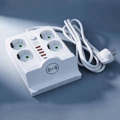 Удлинитель сетевой фильтр с беспроводной зарядкой 5м LED, 4-220V, 4-USB, 2-PD Type-C PNS-07 Белый