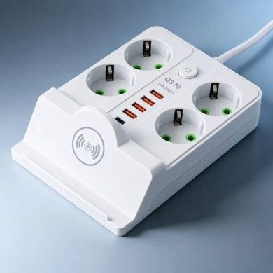 Удлинитель сетевой фильтр с беспроводной зарядкой 5м LED, 4-220V, 4-USB, 2-PD Type-C PNS-07 Белый
