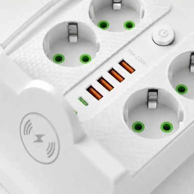Удлинитель сетевой фильтр с беспроводной зарядкой 5м LED, 4-220V, 4-USB, 2-PD Type-C PNS-07 Белый