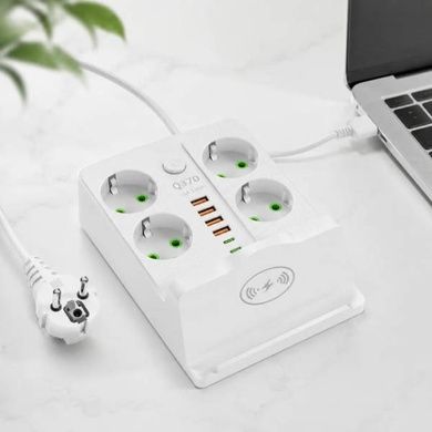 Удлинитель сетевой фильтр с беспроводной зарядкой 5м LED, 4-220V, 4-USB, 2-PD Type-C PNS-07 Белый