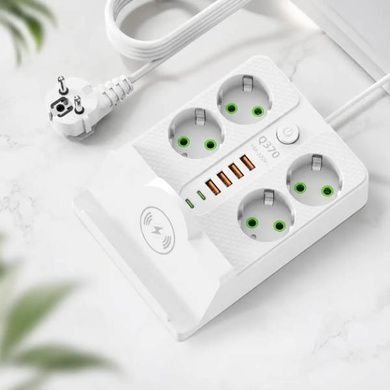 Удлинитель сетевой фильтр с беспроводной зарядкой 5м LED, 4-220V, 4-USB, 2-PD Type-C PNS-07 Белый