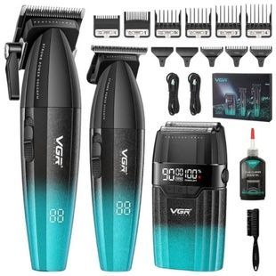 Комплект 3в1 акумуляторна машинка для стрижки + грумер + шейвер VGR V-640 Чорний із зеленим