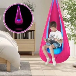 Кресло-груша подвесное с LED подсветкой и надувным пуфиком Розовое