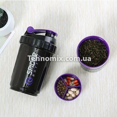 Шейкер 3-х камерный для спортивного питания Spider Bottle Черно-Фиолетовый