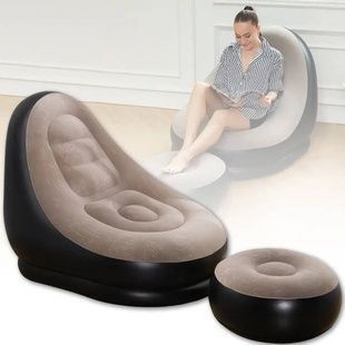 Надувной диван AIR SOFA | Надувное велюровое кресло с пуфиком Черный с бежевым