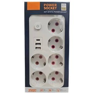 Подовжувач 6*220V, 2USB, 1 Type-C 2500W 3м Power Socket Білий