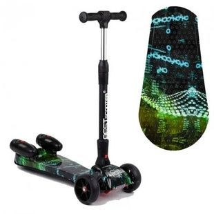 Самокат трехколесный с парогенератором и музыкой, складной руль Best Scooter MAXI Черный с зеленым