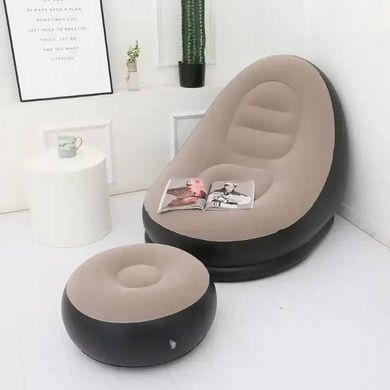 Надувной диван AIR SOFA | Надувное велюровое кресло с пуфиком Черный с бежевым