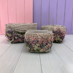 Набор кашпо с мешковиной 3шт 19*19*10см, 15*15*9см, 12*12*8см Forest N-14-1-2 Квадратные с разноцветными сухоцветами