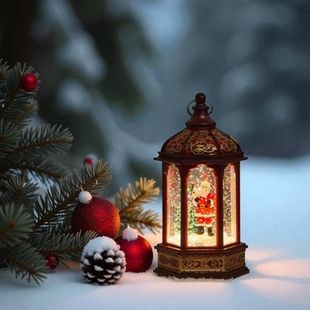 Новорічний ліхтар Санта з підсвічуванням, ефектом снігопаду та мелодіями USB Темно-червоний із золотим