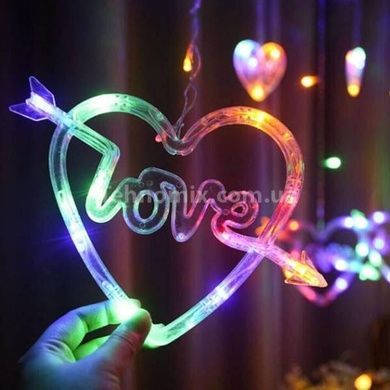 Гірлянда штора 12 Сердець LOVE 220V Мультиколор