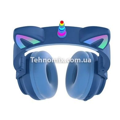 Наушники беспроводные STN-27 единорог с ушками и подсветкой Синие