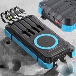 Power Bank із сонячною панеллю та кабелями для зарядки Type-C, Lightning, Micro USB 50000 mAh Чорний з блакитним
