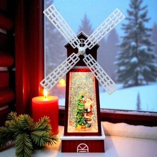Лампа нічник Млин із Сантою та ялинкою з ефектом снігопаду, підсвічуванням та музичними ефектами USB Червона
