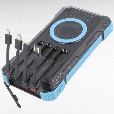 Power Bank із сонячною панеллю та кабелями для зарядки Type-C, Lightning, Micro USB 50000 mAh Чорний з блакитним