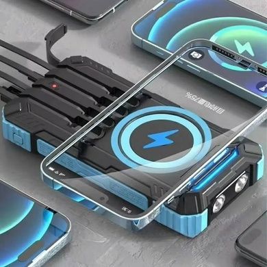 Power Bank із сонячною панеллю та кабелями для зарядки Type-C, Lightning, Micro USB 50000 mAh Чорний з блакитним