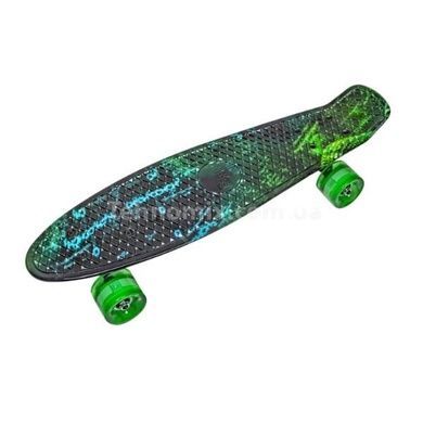 Пенни борд со светящимися колесами PU Penny Board H20 Черный с сине-зеленым принтом