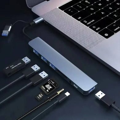 USB-хаб адаптер мультифункціональний Type-C на USB SD TF для ноутбука/телефону/планшета Сірий