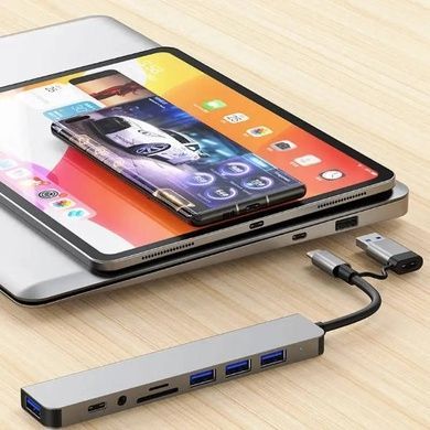 USB-хаб адаптер мультифункціональний Type-C на USB SD TF для ноутбука/телефону/планшета Сірий