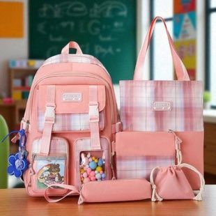 Набор 5в1 школьный рюкзак, сумка, клатч, пенал и мешочек MFG-2-618Pink Розовый с клеткой и цветными шариками