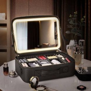Косметичка-органайзер шкіряна з дзеркалом LED підсвічування Cosmetic Lab Чорна