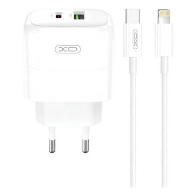 Сетевое зарядное устройство блок питания XO L138 30W GaN nitride 1USB-A+1USB-C fast charging charger with Lightning cable Белое