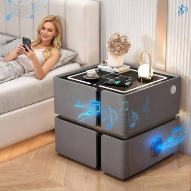 Тумбочка ліжка з сенсорним підсвічуванням та покриттям з екошкіри, USB, Bluetooth SZXF01 Сіра