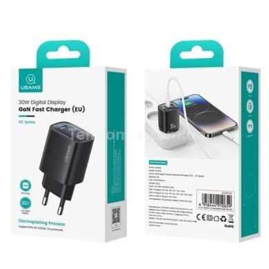 Зарядное устройство для Usams CC229 30W GaN 1USB A 1 Type-C Display Fast Charger black