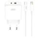 Сетевое зарядное устройство блок питания XO L138 30W GaN nitride 1USB-A+1USB-C fast charging charger with Lightning cable Белое