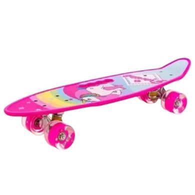 Скейт Пенниборд со светящимися колесами и ручкой Единорог Penny Board Aspink Розовый