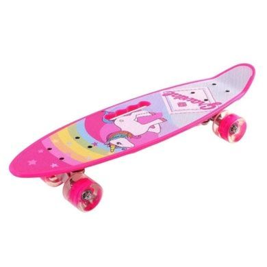 Скейт Пенниборд со светящимися колесами и ручкой Единорог Penny Board Aspink Розовый