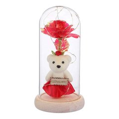 Вічна Троянда в колбі з ведмедиком та підсвічуванням 21 см Червона