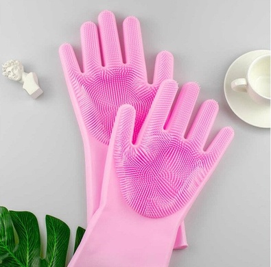 Силіконові рукавички для миття і чищення Magic Silicone Gloves з ворсом Рожеві