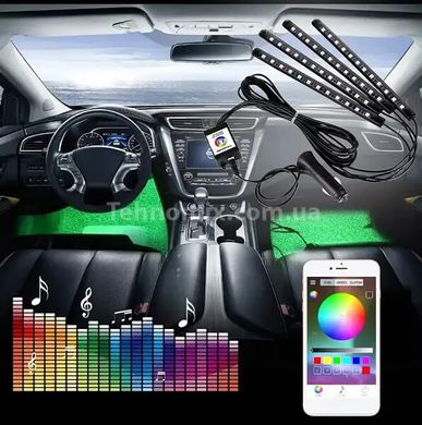 Светодиодная подсветка салона авто RGB led - подсветка ног в авто от прикуривателя Bluetooth APP, 4 х 22см,