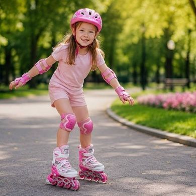 Ролики детские раздвижные с полным комплектом защиты р 34-37 Happy Pink Светло-розовые