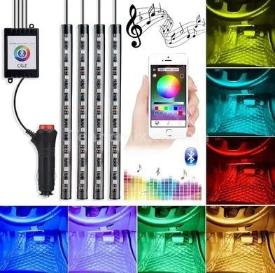 Світлодіодне підсвічування салону авто RGB led - підсвічування ніг в авто від прикурювача Bluetooth APP, 4 х 22см,