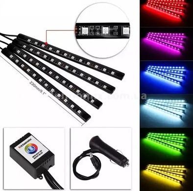Світлодіодне підсвічування салону авто RGB led - підсвічування ніг в авто від прикурювача Bluetooth APP, 4 х 22см,