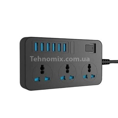 Універсальний мережевий подовжувач фільтр 3&times;220V+6&times;USB, 2 метри AR CP02 Чорний