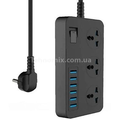 Універсальний мережевий подовжувач фільтр 3&times;220V+6&times;USB, 2 метри AR CP02 Чорний
