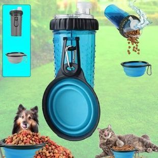 Поилка-кормушка для животных двойная со складной миской Pet Drink Bottle Голубая