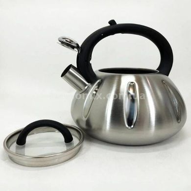 Чайник из нержавеющей стали со свистком 2,5л UNIQUE UN-5303 Черная ручка
