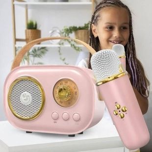 Караоке с микрофоном на аккумуляторе Ретро Bluetooth Розовое
