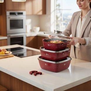 Набір квадратних казанів 3шт з кришками + 2 прихватки Higher Kitchen HK-302 Червоний