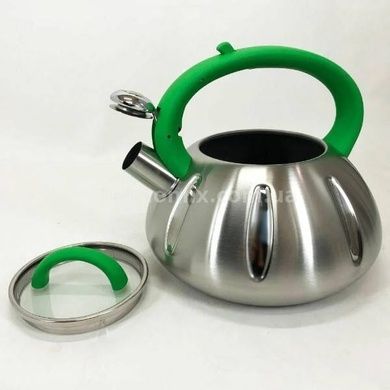 Чайник из нержавеющей стали со свистком 2,5л UNIQUE UN-5303 Зеленая ручка